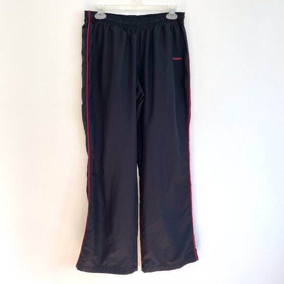 REEBOK Black Red Piping Stripe Pull On Drawstring Swishy Active Track Pants Y2K - Picture 1 of 11